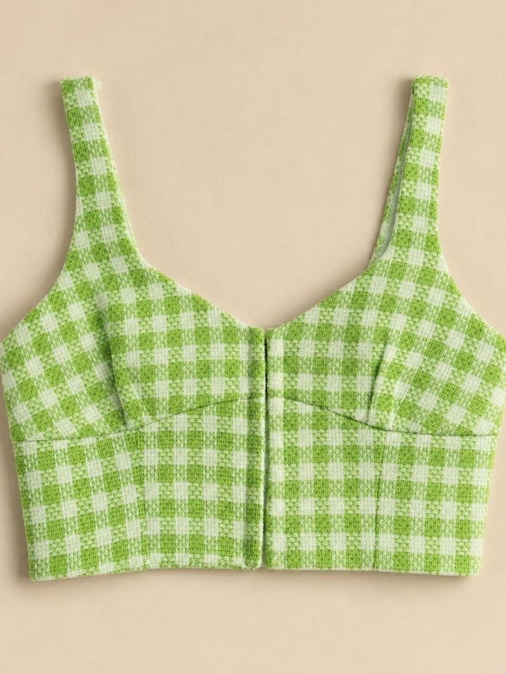 Zara Green and White Gingham Tweed Crop Top